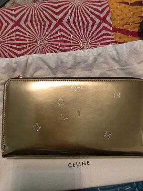 Celine Metallic Gold Zip Wallet With COA